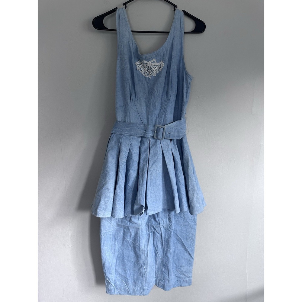 VTG 80s Embroidered Peplum Denim Dress SMALL Western Blue Ruffle Rodeo (Tag 10)
